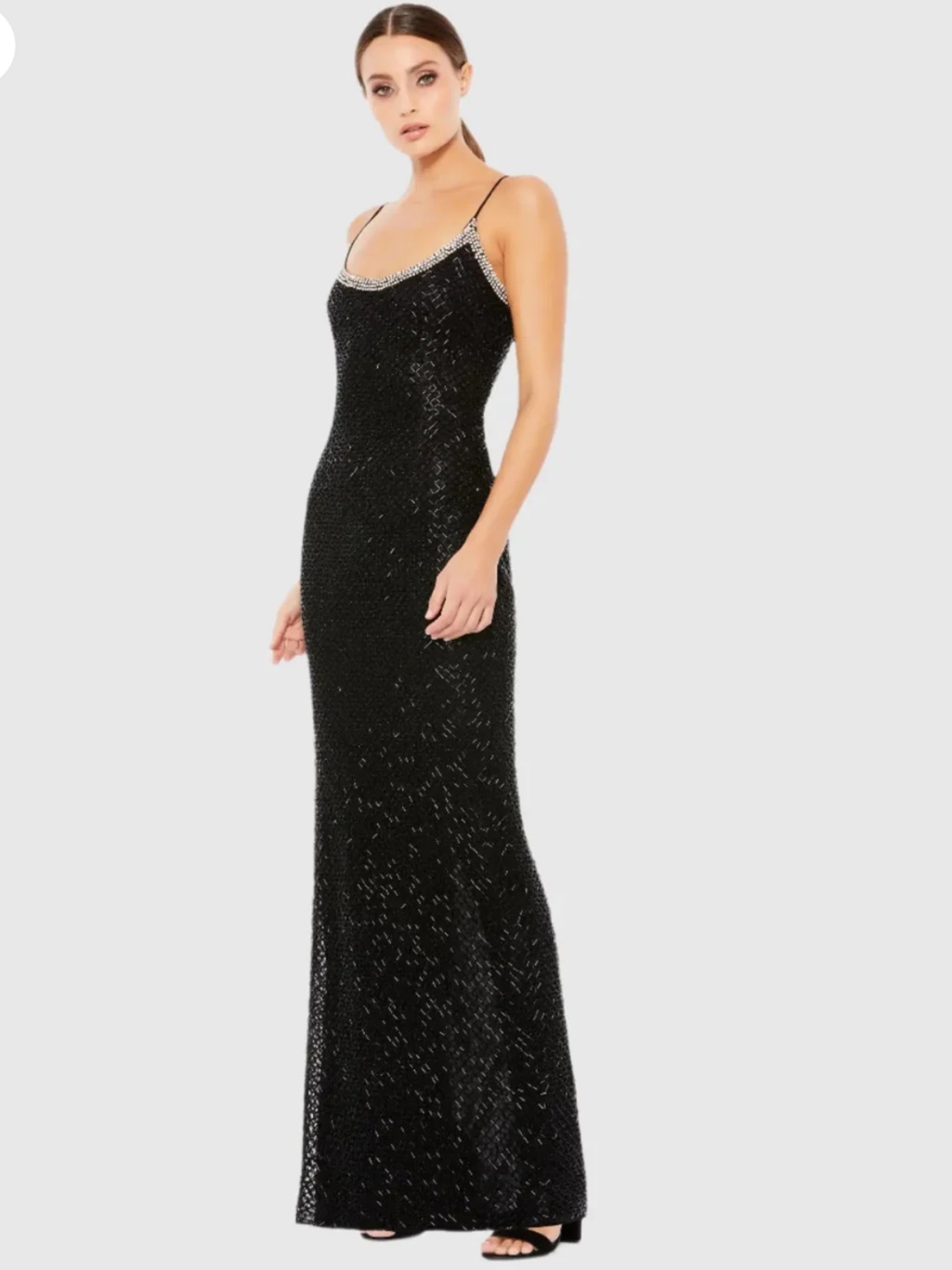 Mac Duggal Black Beaded Spaghetti Strap Column Gown